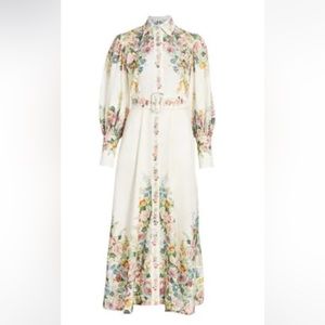 Zimmermann Wavelength floral puff-sleeve belted linen maxi shirt dress cream